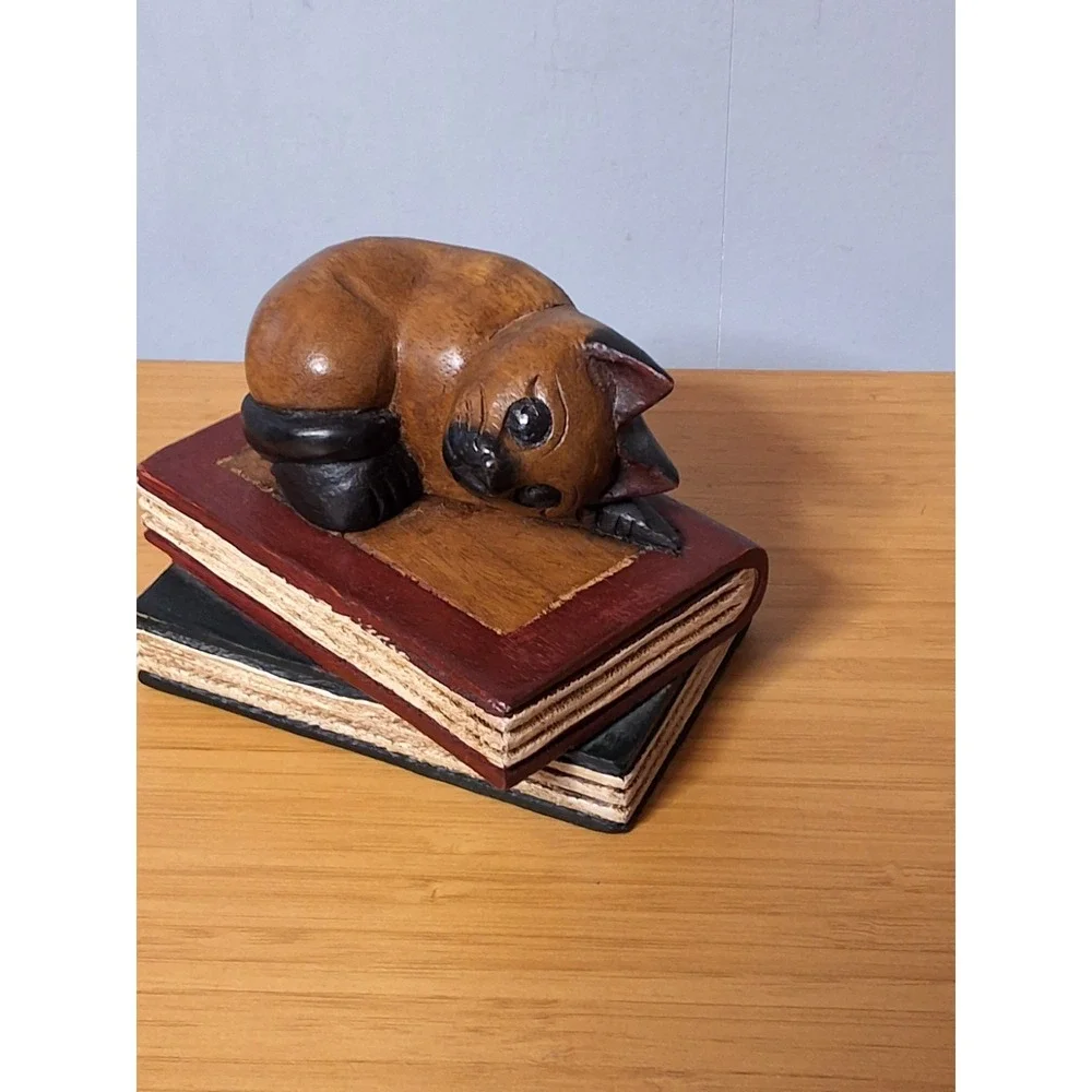 Vintage Handcrafted Wooden Cat Sleeping On Books Paper Weight. Made In Thailand